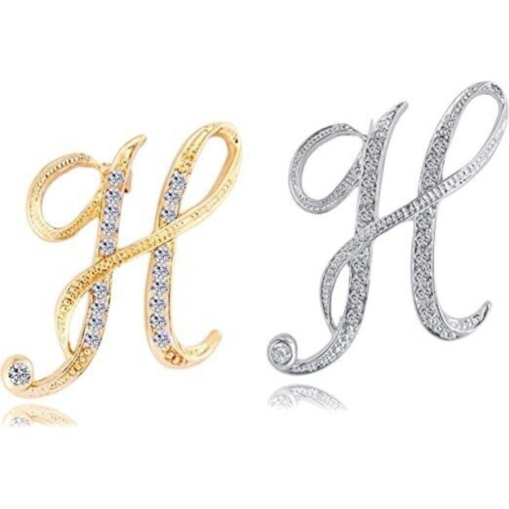 Initial Letter H Brooch Pin Fashion Silver and Gold with Crystals Set of Two